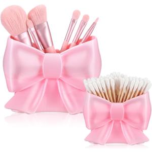 Hushee 2 Pcs Coquette Pink Bow Makeup Brush Holder Set Large Mini Sizes Cute Bow Pencil Holder Desk Organizer Balletcore Preppy Vanity Decor for School Office Desk Bedroom Gift for Girls