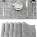 Leetaltree Linen Grey Placemats Set of 6 - Heat Resistant Non-Slip Place mats for Dining Table, Washable Durable PVC Vinyl Woven Table MatsLinen Grey, 6