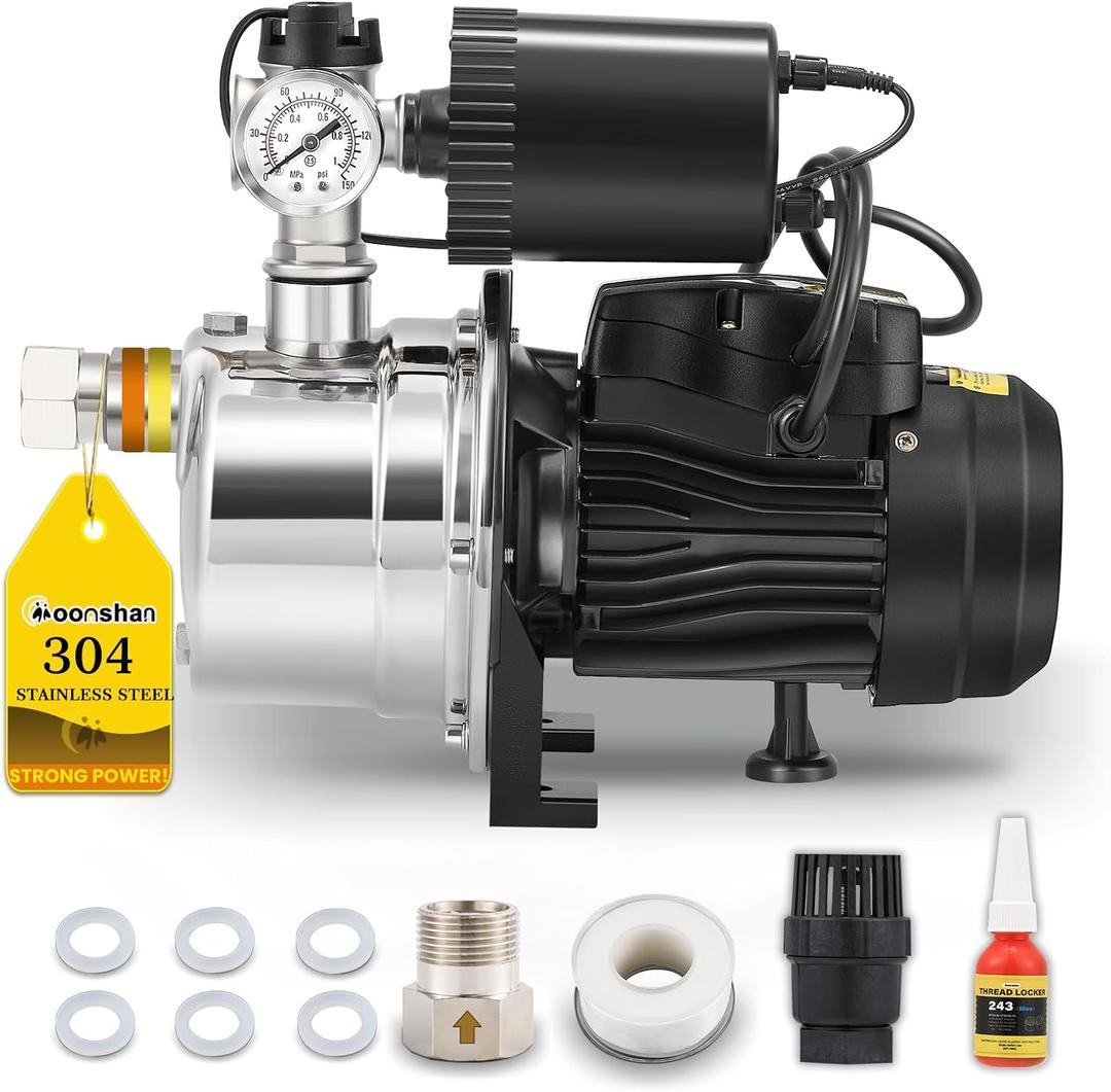3/4 HP Shallow Well Booster Pump with Pressure Tank 1050GPH Auto ON/OFF Water Pressure Booster Self-Priming Stainless Steel Automatic Booster System for Whole House, Garden, Lawn