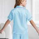 Kids Satin Pajamas Set, 2 Pieces Silky Pjs Short Sleeve & Pants Sleepwear Loungewear Button Down Pjs Set for Boys and Girls Blue Striped