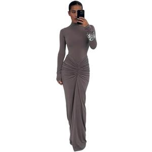 Womens Sexy Maxi Dress Long Sleeve Ruched Bodycon Turtleneck Club Party Casual Wedding Dresses (Gray) Medium