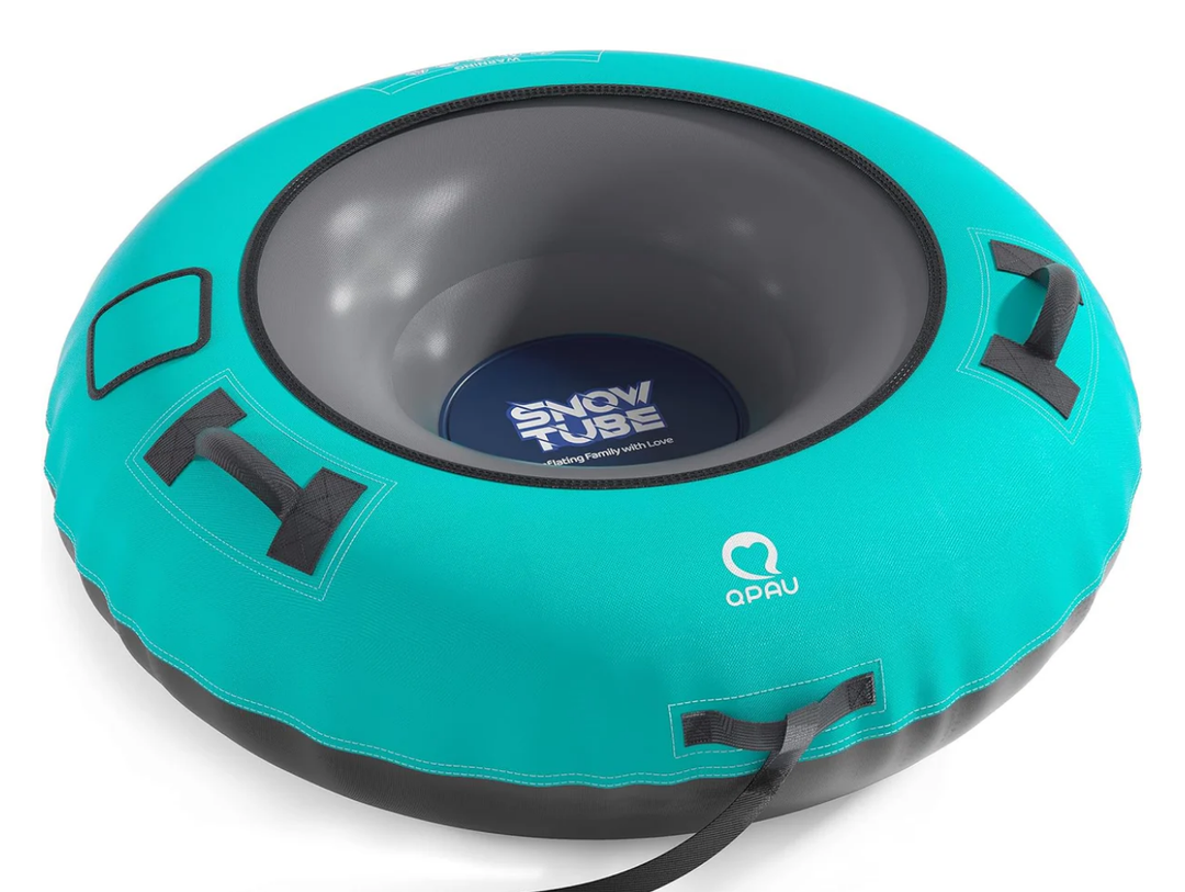 QPAU Snow Tube with Premium Canvas Cover for Kids and Adults, 48'' Inflatable Heavy Duty Snow Tube Made by Thickened Bottom, Sled Winter Outdoor Fun Toys for Children Boys Girls (Cyan)