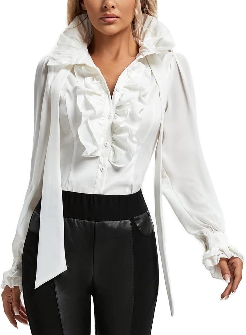 SUPLEAP Women Victorian Renaissance Pirate Shirt Gothic Vampire Medieval Tops (White, Small)