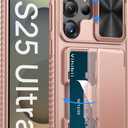 Vihibii for Samsung Galaxy S25 Ultra Case with Card Holder (4 Cards), [RFID Blocking] & Slide Camera Cover, Military Grade Drop Protection, Rugged Wallet Cover for Samsung Galaxy S25 Ultra, Rose Gold