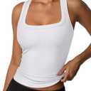 REORIA Built in Bra Tank Tops for Women Summer Sleeveless Racerback Square Neck Casual Basic Ribbed Tops 2026 (Large, White)