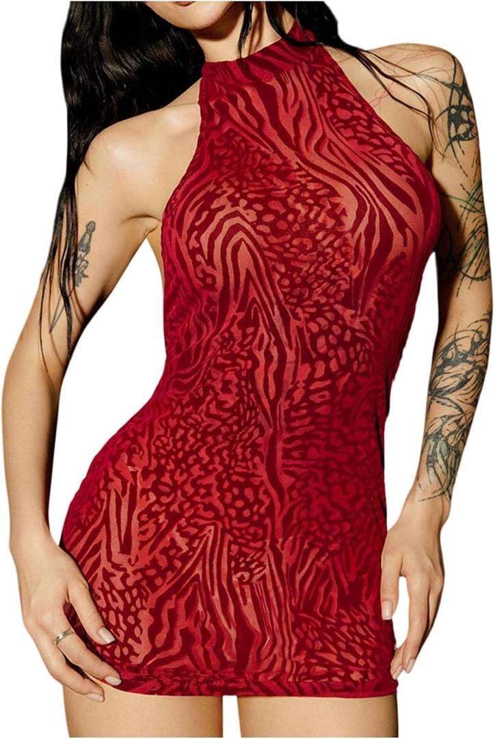 WDIRARA Women's Y2k Zebra Print Halter Mini Dress Tie Backless Sleeveless Bodycon Dresses (Red, M)