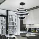 O'NEELDY Modern LED Chandeliers Adjustable Hanging Black Pendant Light Fixture 3 Ring Flush Mount Chandeliers for Bedroom,Kitchen,Island Cafe