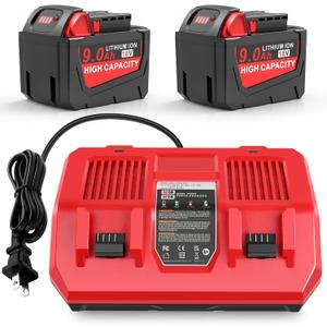 2 Pack 9.0Ah 18v Battery Replacement for Milwaukee with Rapid Dual Charging Port 18v Battery Charger, 48-11-1840, 48-11-1828, 48-11-1820, 48-11-1815, 48-11-1850, 48-11-1860, 48-11-1890