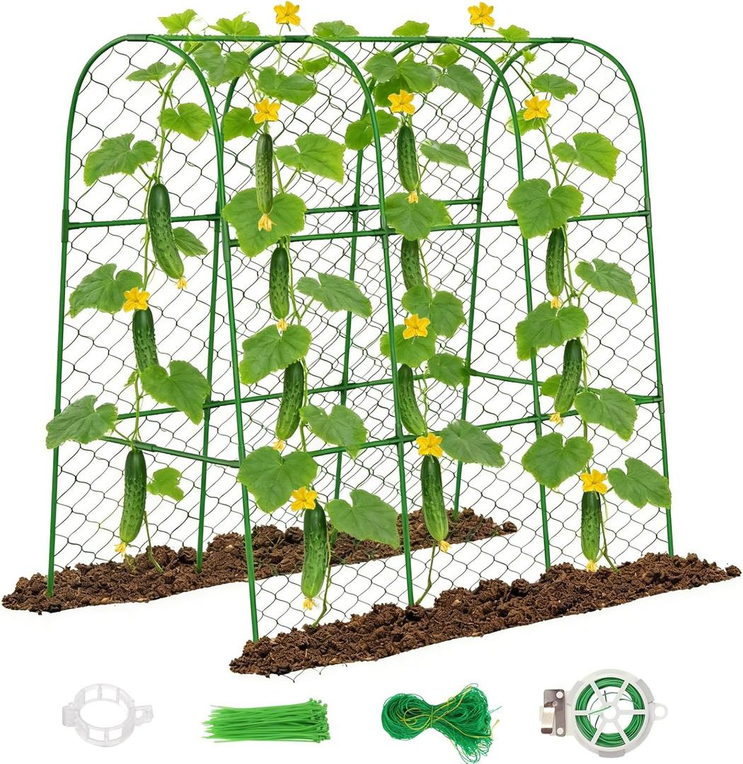 Amoskey Cucumber Trellis for Raised Beds, Cucumber Trellis for Climbing Plants Outdoor, with Garden Netting and Plant Clip, Metal Arch Garden Trellis Ideal for Cucumbers, Tomatoes, and Flowers