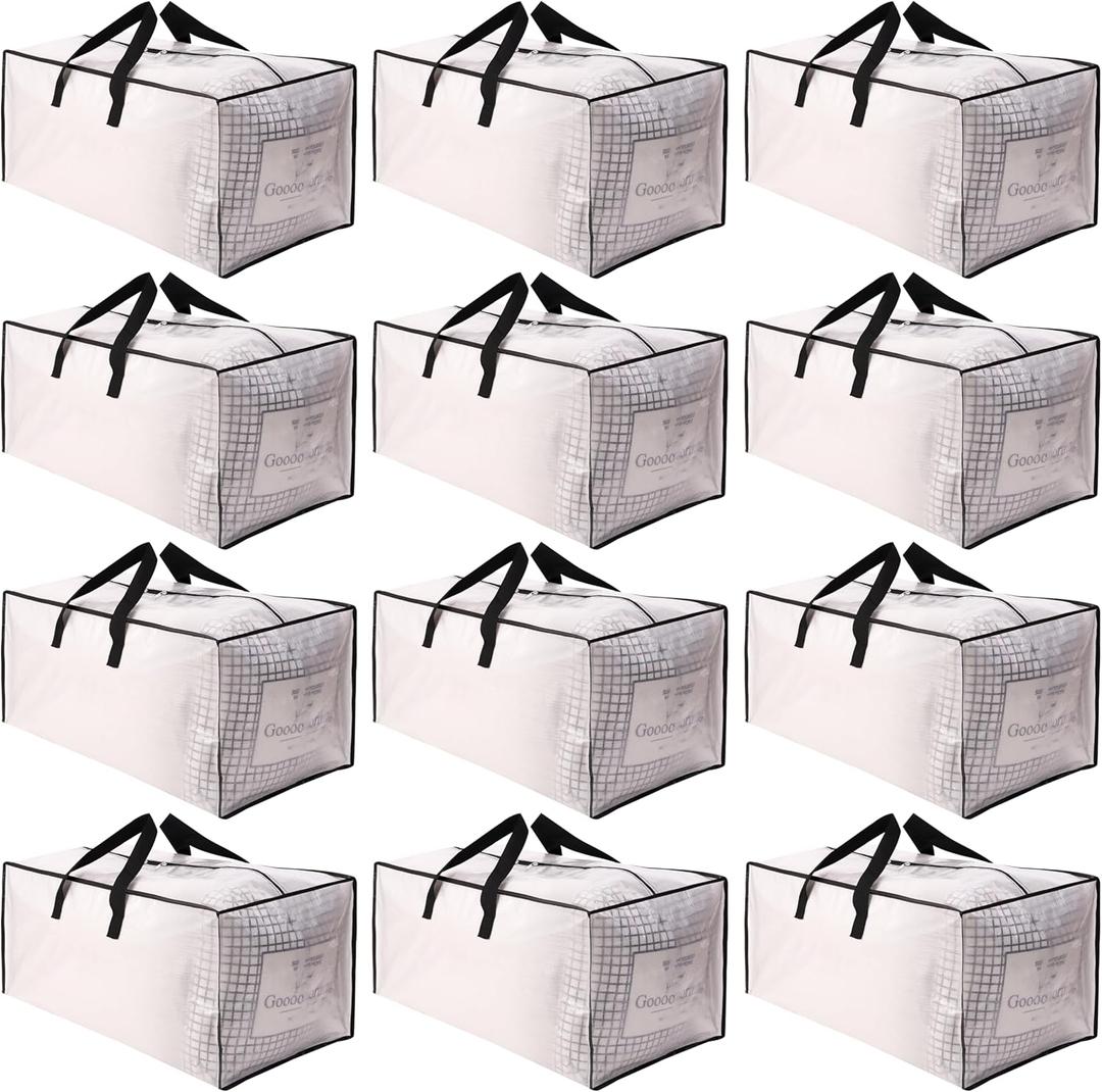 SWEET DOLPHIN 12 Pack Extra Large Moving Bags with Strong Zippers & Carrying Handles, Heavy Duty Storage Tote for Space Saving Moving Storage, Fold Flat, Alternative to Moving Box, Semi-Transparent