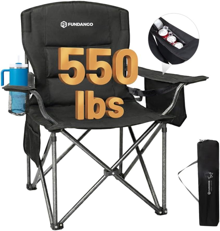 FUNDANGO Oversized Camping Chair for Adults, Heavy Duty Portable Foldable Lawn Chair with Padded Seat & Back, Lumbar Support, 4-can Cooler & Cup Holder, Carry Bag Included for Outdoor (1 Pack Black)