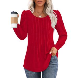 OFEEFAN Long Sleeve Shirts for Women Fall Tops Dressy Casual Blouses Pleated Scooped Neck Tunic Tops for Leggings (XX-Large, 1-red)