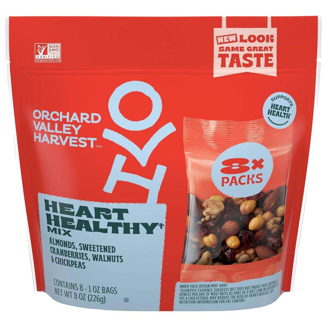 Orchard Valley Harvest Heart Healthy Blend, 1 Ounce Bags (Pack of 5), Almonds, Cranberries, Walnuts, and Chickpeas, Gluten Free, Non-GMO, No Artificial Ingredients, Healthy Snacks for Adults, Best By 08/06/25