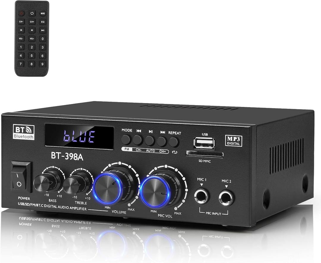 Romica Stereo Audio Amplifier, 2 Channel 450W+450W Bluetooth 5.0 Home Theater Power Amplifier with FM Radio, USB, SD, Optical & Coaxial Inputs, Amplifier for Passive Speakers and Active subwoofer