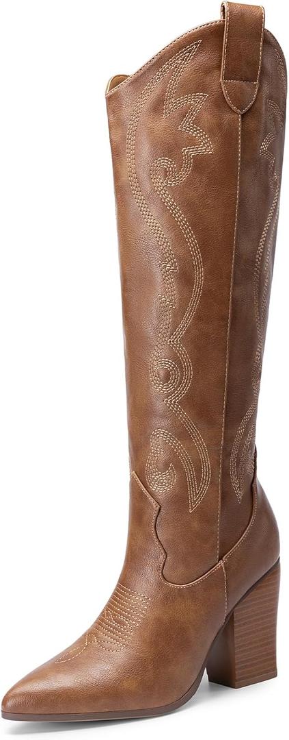 DREAM PAIRS Cowboy Boots For Women, Comfortable Pull On Zipper Chunky Heel Pointed Toe Embroidered Western Cowgirl Knee High Boots (7, Light Brown)