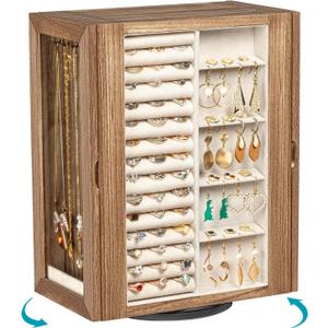 Emfogo 360 Rotating Jewelry Box for Women, Rustic Wooden Jewelry Organizer Box with 5 Drawers, Glass Doors, Vertical Open Design Jewelry Storage Case Display for Earrings Rings Necklaces Bracelets Emfogo 360 Rotating Jewelry Box for Women, Rustic Wooden Jewelry Organizer Box with 5 Drawers, Glass Doors, Vertical Open Design Jewelry Storage Case Display for Earrings Rings Necklaces Bracelets