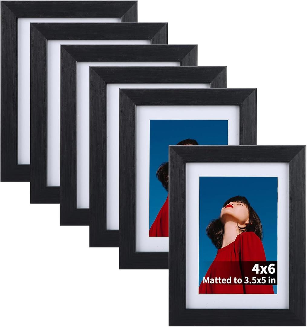 Lavezee 3.5x5 Black Picture Frames Set of 6, Multi Frames Matted to Display Photos 3.5 x 5 with Mat or 4x6 without Mat for Wall and Tabletop