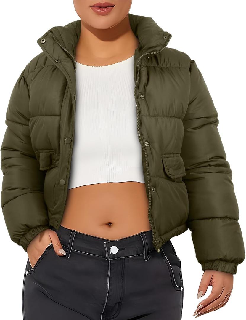Women's Winter Cropped Puffer Jacket Coat Short Warm Quilted Fashion Jacket (Green, M)