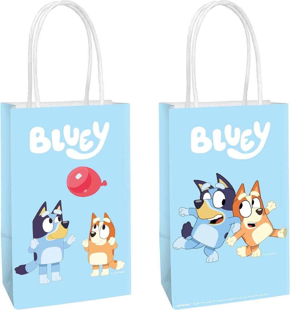 Multicolor Bluey Printed Party Favor Bags - 8.25" x 5.25" x 3", Pack of 8 Blue Kraft Treat Bags - Perfect Paper Bags for Kids Birthday, Baby Shower, Themed Party & More