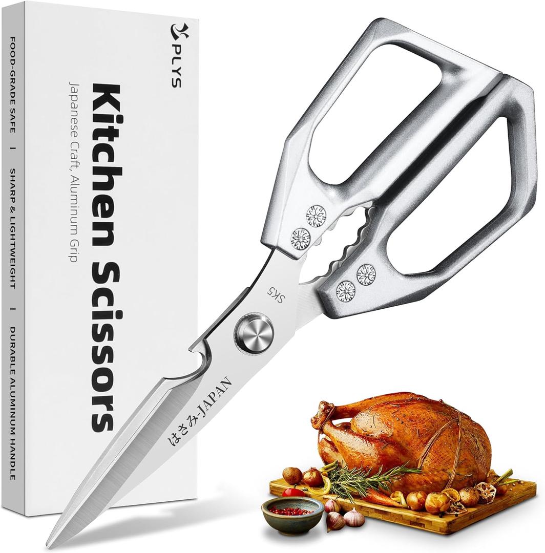 Plys Poultry Shears, Kitchen Scissors for Food, Japanese All Purpose Heavy Duty for Chicken Wing/Bone, Meat, Quail, Fish, Turkey, Vegetables, Stainless Steel Cooking Aid Scissors, Dishwasher Safe