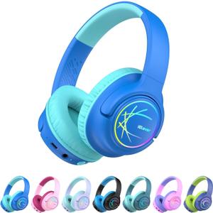 iClever Kids Bluetooth Headphones with LED Lights, 43H Playtime, Type-C Fast Charging, BTH18 Safe Volume 74/85dBA, Bluetooth5.3,Toddler Headphones Aux Cord for iPad/Tablet/Travel/School, Blue