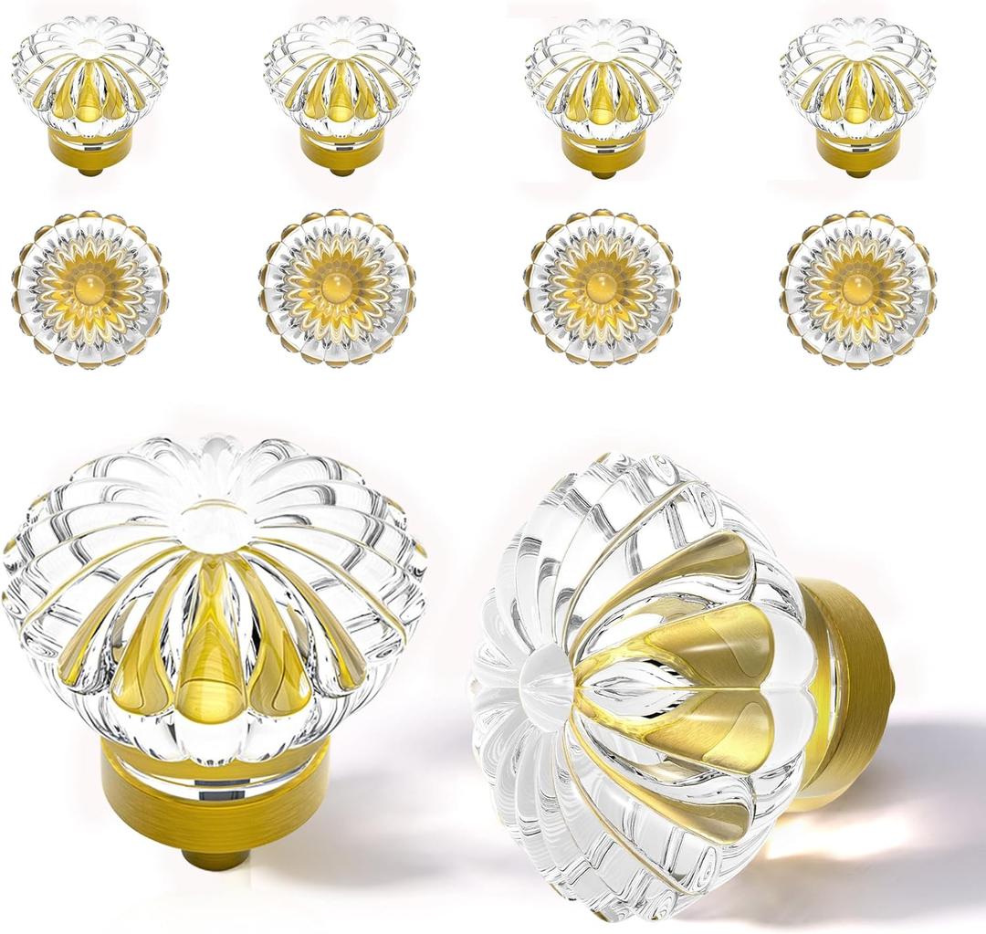 Antique Brass Crystal Cabinet Knobs Cabinets Knob, 8 Pack Flower Vintage Glass Clear Crystal Small Pull for Closet Dresser Drawers Cupboard Wardrobe, Retro Pulls Old Fashioned Drawer Gorgeous Handle
