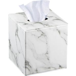 Tissue Box Cover Square,Decorative Leather Cube Tissue Box Holder with Magnetic Bottom,Facial Paper Organizer Table Napkin Case Dispenser for Bathroom,NightStand,Coffee Car,Home,Office (Large, White Marb)