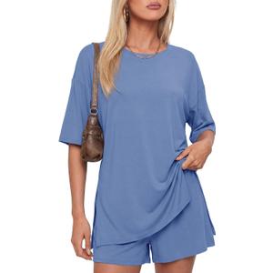 Darong Women's 2 Piece Summer Matching Set Lounge Wear with Pockets | Vacation travel outfit, Airport resort wear, Athleisure clothing, Oversized top & Loose fit drawstring shorts (Blue, L)