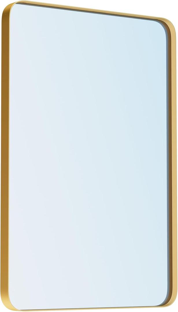 VocalStar 18 x 26 Inch Gold Bathroom Mirror for Wall, Metal Framed Rounded Rectangle Vanity Mirror, 1/4-inch Shatterproof Glass | Ultra-Flush Hanging
