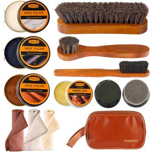 13Pcs Shoe Care Kit for Men & Women,3 Horsehair Shoe Polish Brush,Black Brown Neutral Mink Oil for Shoes,Care for Leather Boots, Shoe Cleaning Kit as Gift for Men with Shine Sponges & Care Cloth