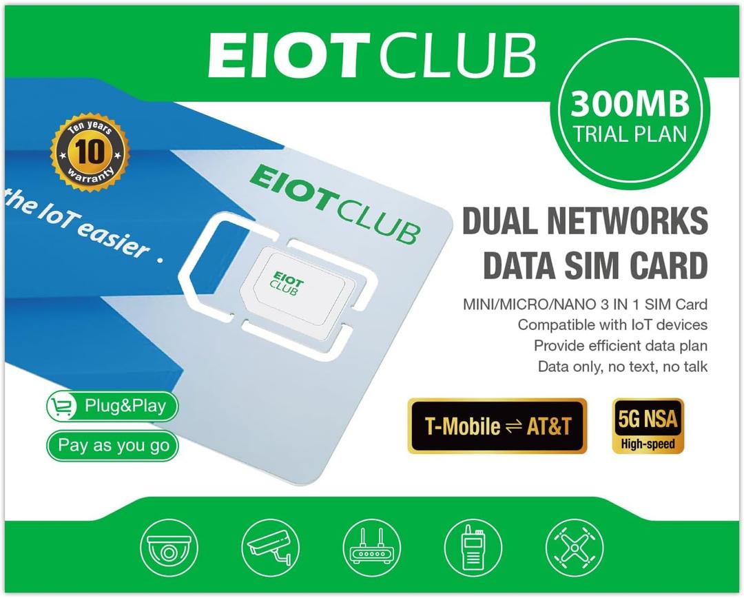 EIOTCLUB Prepaid SIM Card, 5G/4G LTE SIM Card, Support for AT&T and T-Mobile in The USA, Data Only SIM Card for Security Camera Trail Camera Router WiFi Hotspot Unlocked Devices, No Contract