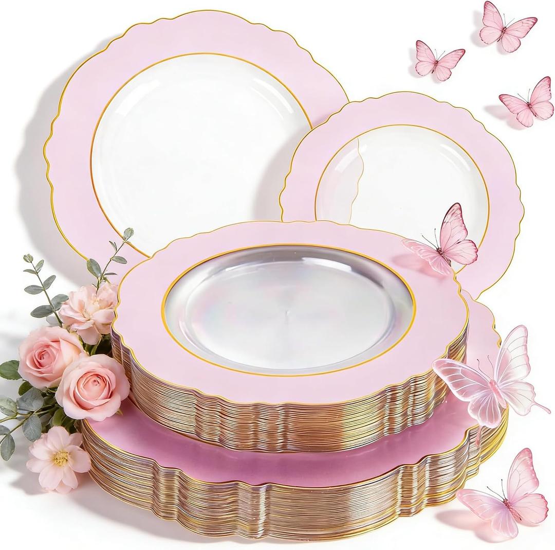 WDF 60Pcs Pink Plates Disposable with Gold Rim - Baroque Clear Pink and Gold Plastic Party Plates Ideal for Wedding/Baby Shower/Spring/Mother's Day