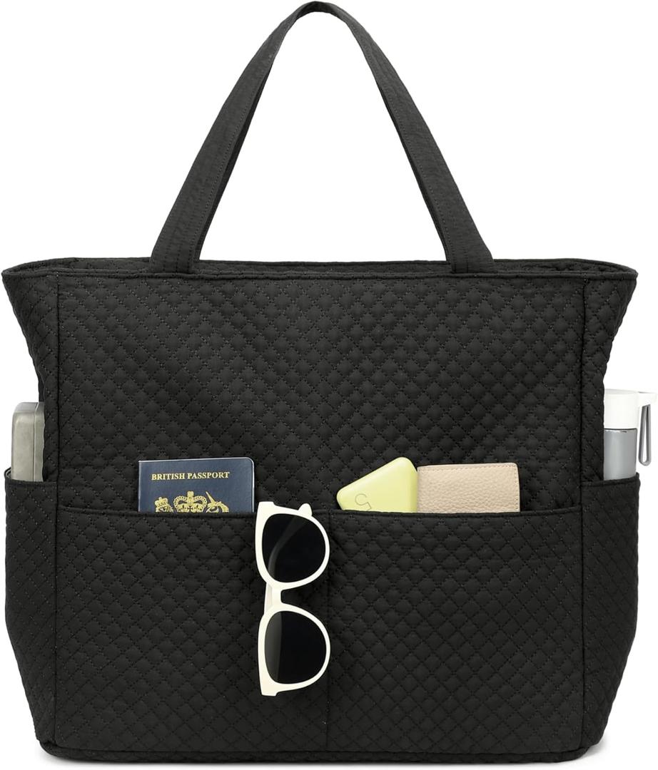 Beach Pool Bags Tote for Women Ladies Large Gym Tote Carry On Bag With Wet Compartment for Weekender Travel Waterproof (Quilted Black Small Squares)