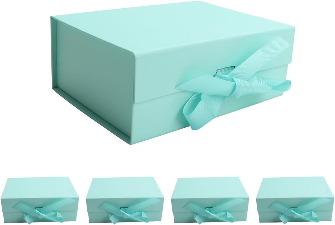 kaxilu Light Green Gift Boxes with Ribbon Foldable Gift Boxes Set of 5 Magnetic Gift Boxes for Presentations and Groomsmen Proposal, Glossy Finish,8.7x6.5x3.5 Inches
