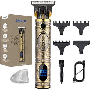 AMULISS Professional Mens Hair Clippers Zero Gapped Cordless Hair Trimmer Professional Haircut & Grooming Kit for Men Rechargeable LED Display (Golden)