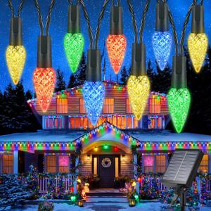 iBaycon Solar C6 Christmas Lights Outdoor, 48FT 100LED C6 Strawberry String Light, 8 Modes Solar Powered Lights String for Xmas Tree House Eaves Roof Christmas Holiday Decorations