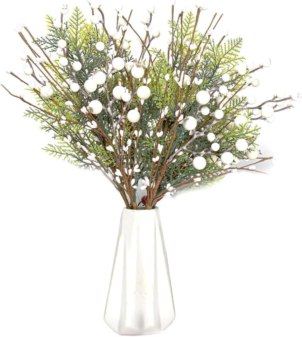 Christmas Floral Picks 6Pack Christmas Berry Picks with Holly Berries Artificial White Berry Stems for Xmas Winter Holiday Home DIY Ornaments (17inch)