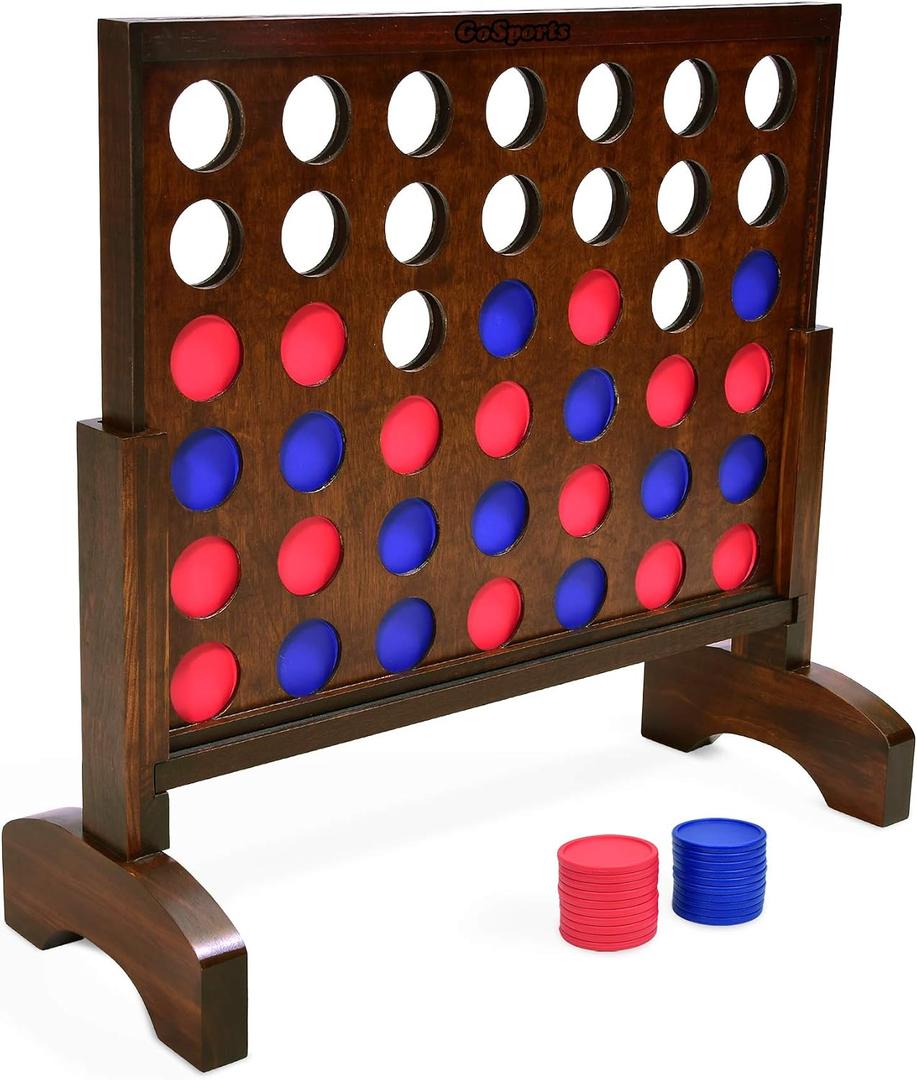 GoSports 2 Foot Width Giant Dark Wood Stain 4 in a Row Backyard Game with Connect Coins, Portable Case and Rules, 24 inches x 24 inches x 4 inches