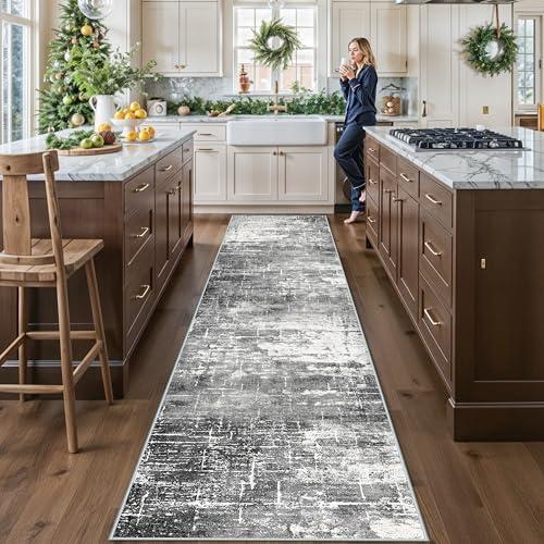 Washable 12ft Kitchen Area Rug: Abstract Entryway Rug Runner Soft Bedroom Besides Floor Mat Non-Slip Indoor Carpet for Bathroom Living Room Stain Resistant Runner for Family(2'6x12,Black/Grey)