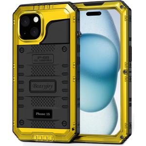 Beasyjoy for iPhone 15 Case Waterproof, Metal Heavy Duty Full Body Protective Case with Built-in Screen Protector, Military Grade Shockproof Dustproof Defender Rugged Cover for iPhone 15 6.1", Yellow
