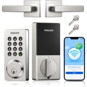 Philips WiFi Smart Door Lock with Handle, Built-in WiFi App Remote Control, Keyless Entry Door Locks for Front Door, Smart Deadbolt Auto Lock, Support Alexa & Google, IP54 Waterproof, Satin Nickel