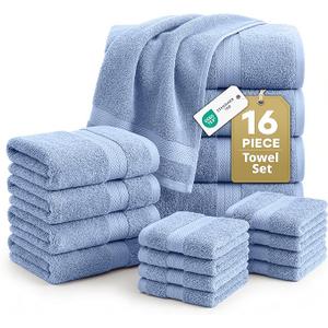 LANE LINEN 100% Cotton Bath Towels 16 Piece Set - Super Soft, Quick Dry & Absorbent - 4 Bath, 8 Washcloths, 4 Hand Towels for Bathroom - Hotel Quality, Minimal Lint after 3 Washes - Cerulean Blue