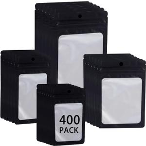 400 Pack 4 Sizes Resealable Mylar Holographic Bags Food Storage Smell Proof Bags with Front Window, Zipper Foil Packaging Pouch for Sample Jewelry Small Business (Black,3x4.7,3.1x5.5,4x 6,4.7x 7.9in)