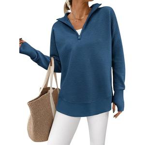 PRETTYGARDEN Women's Long Sleeve Quarter Zip Pullover Sweater Casual Loose V Neck Collared Ribbed Knit Jumper Tops Thumb Hole, XL