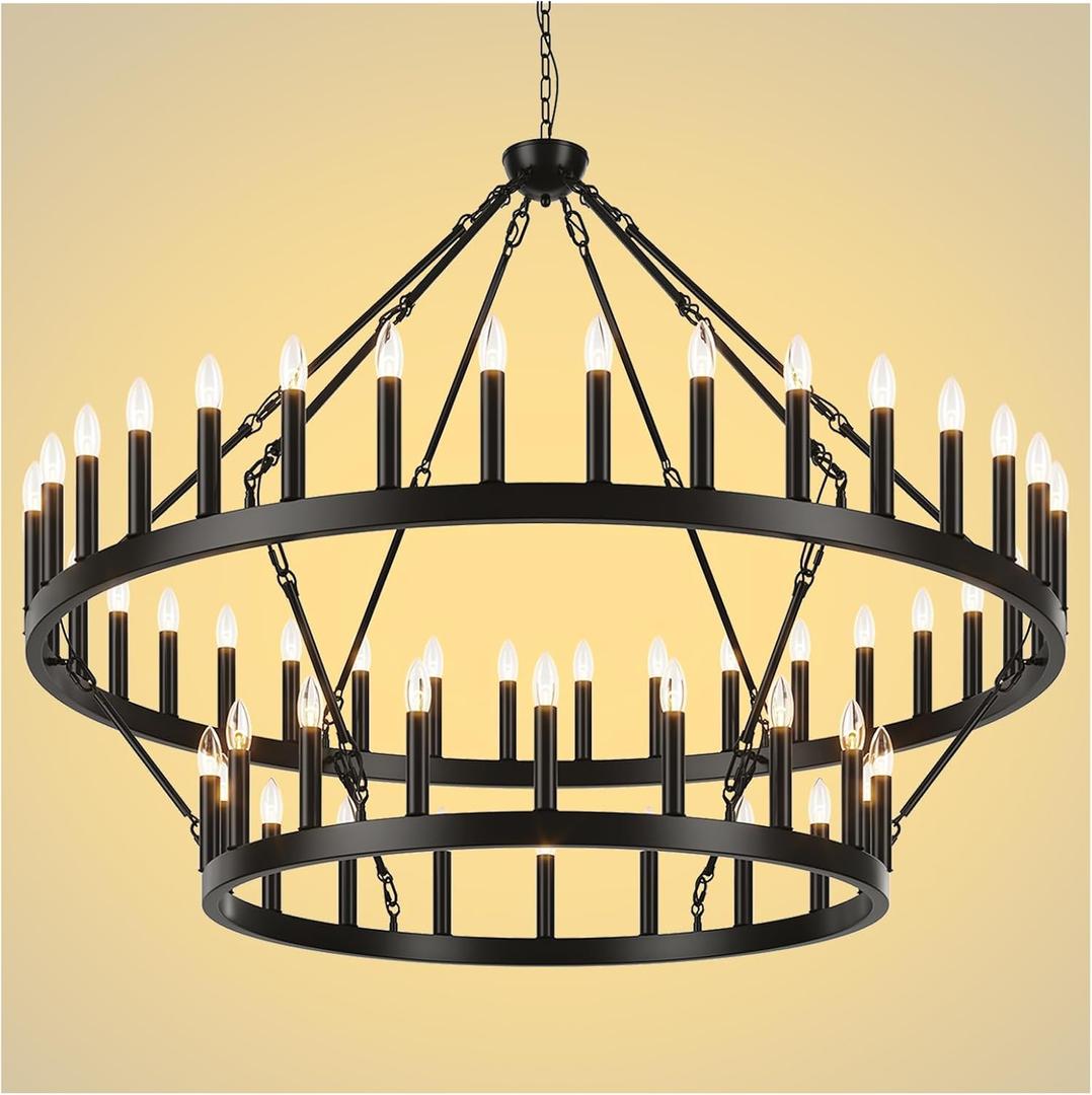 2 Tier Black Large Wagon Wheel Chandelier, 54-Lights 60 Inch Farmhouse Pendant Light Fixture, Round Rustic Hanging Lighting for Dining Room Kitchen Island Foyer Entryway