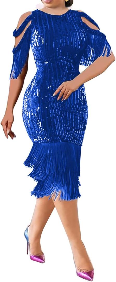 Cololura Elegant Women Sequin Short Sleeve Tassel Bodycon Midi Dress Party Evening Gown Formal Dress (X-Large)