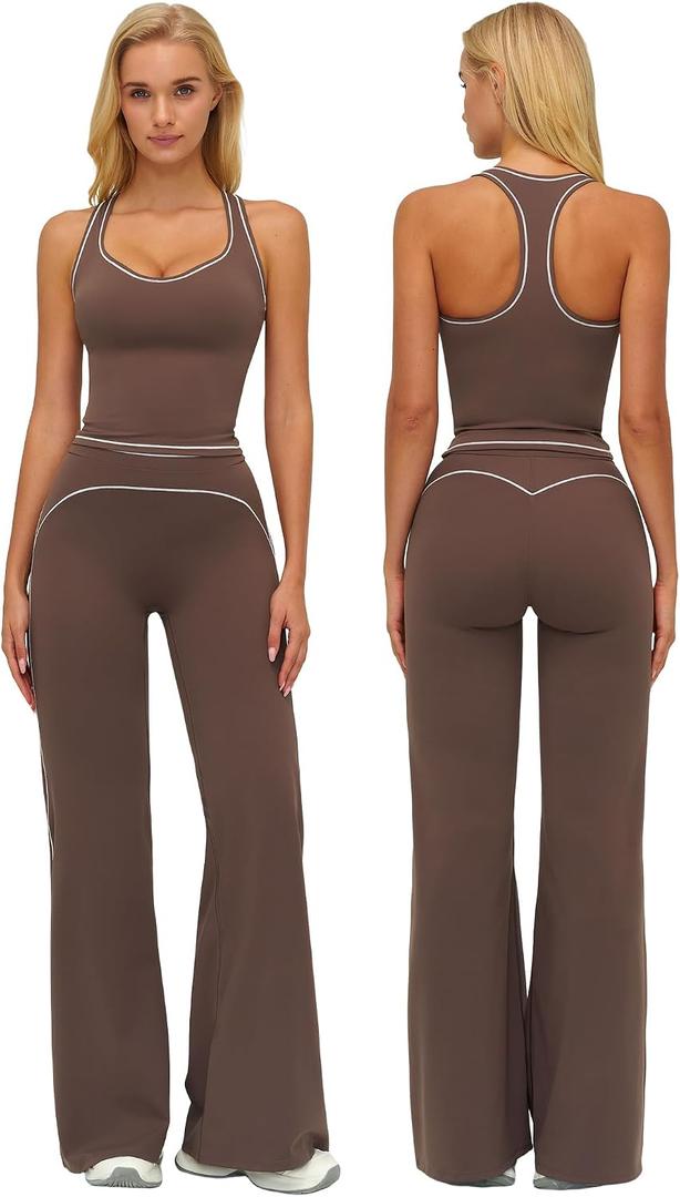 ABOCIW Two Piece Workout Sets for Women Racerback Tank Top Matching High Waist Wide Leg Yoga Pants Pilates Outfits, Small