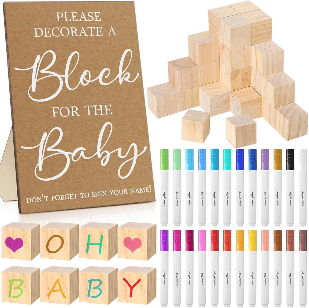 Tatuo 75 Pcs Baby Shower Games Sign Kit Including Decorate a Block Game Sign 50 DIY Wooden Block 24 Acrylic Paint Marker Baby Shower Prize for Gender Reveal Party(Kraft)