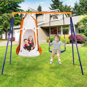 Swing Sets for Backyard, 1 Detachable Hanging Tent Saucer Swing and 1 Belt Swings Seat, 440lbs Heavy-Duty Metal A-Frame 3 Ways to Play