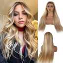 28 Inch Highlight Blonde Lace Front Wigs Human Hair 13x6 HD Transparent Glueless Wigs Human Hair for White Women Ombre Brown with Bleach Blonde Straight Lace Frontal Wig Pre Plucked 180% Density